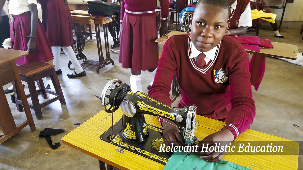 Student in school learning how to sew with sewing machine